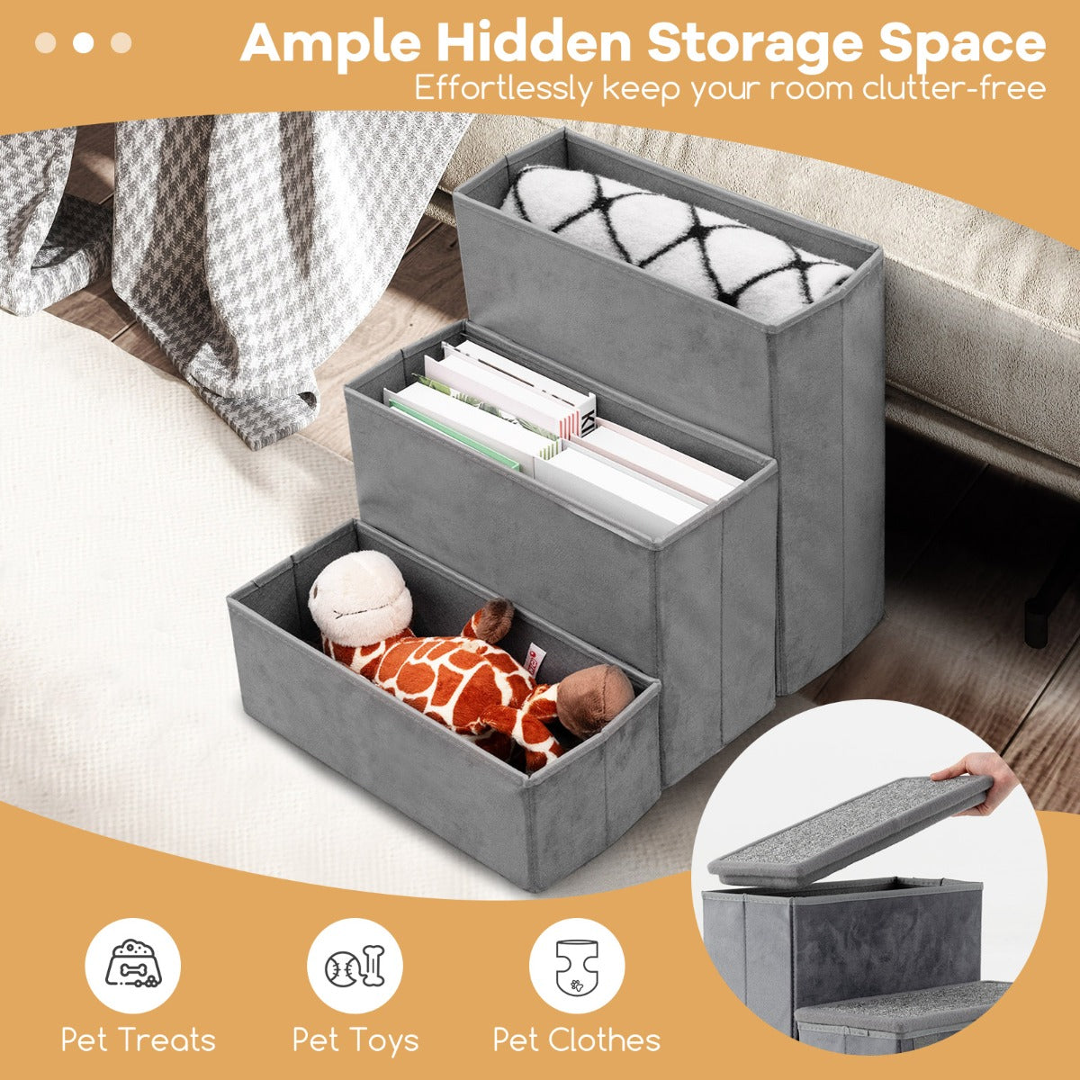 LIVSK 3-traps hondentrap - Opvouwbaar met verborgen opbergvakken - Anti-slip - Voor dieren tot 50 kg - Grijs