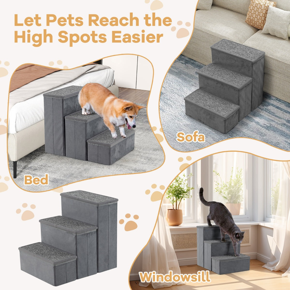 LIVSK 3-traps hondentrap - Opvouwbaar met verborgen opbergvakken - Anti-slip - Voor dieren tot 50 kg - Grijs