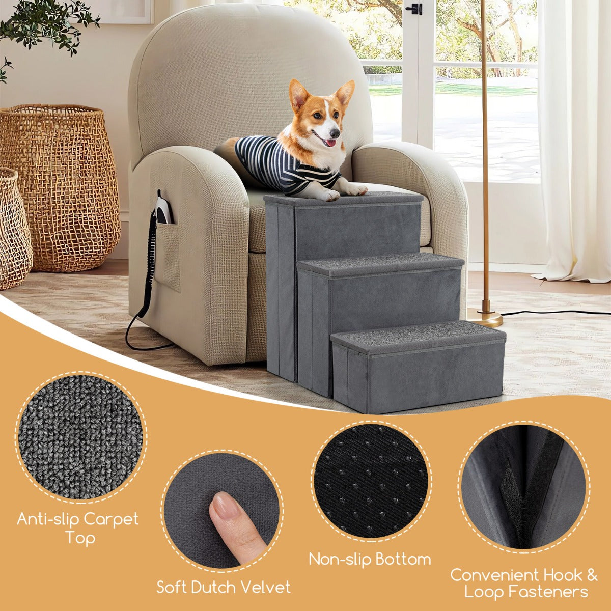 LIVSK 3-traps hondentrap - Opvouwbaar met verborgen opbergvakken - Anti-slip - Voor dieren tot 50 kg - Grijs