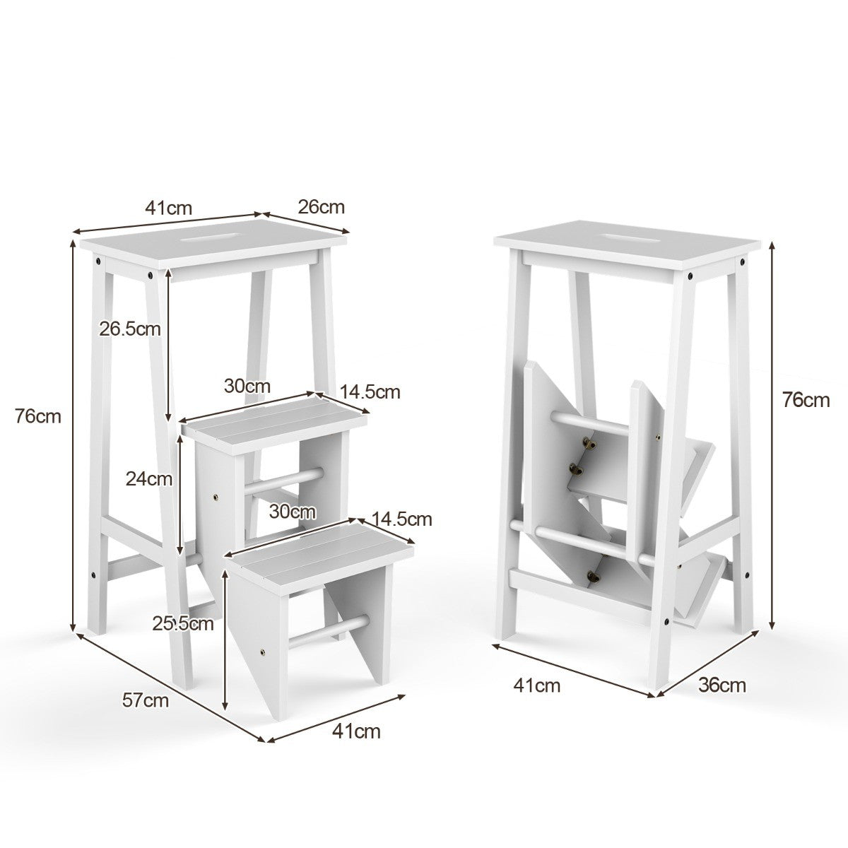 LIVSK Opvouwbare Rubberhouten Opstapkruk - 3-in-1 Ontwerp - Lichtgewicht met Handvat - Tot 310 kg - Wit