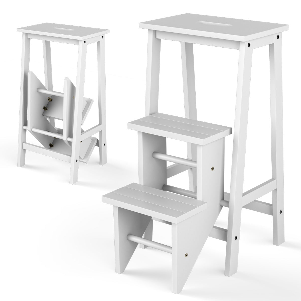 LIVSK Opvouwbare Rubberhouten Opstapkruk - 3-in-1 Ontwerp - Lichtgewicht met Handvat - Tot 310 kg - Wit