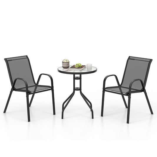 LIVSK Terrasbistroset - Ergonomische Rugleuningen - Gehard Glazen Tafelblad - Stapelbare Stoelen - Tot 150 kg per stoel - Zwart