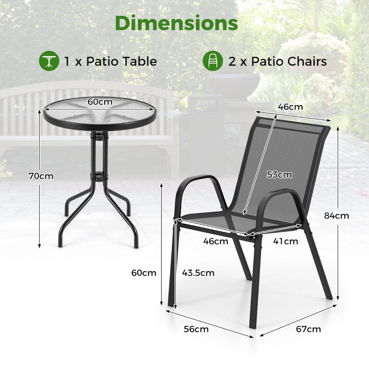 LIVSK Terrasbistroset - Ergonomische Rugleuningen - Gehard Glazen Tafelblad - Stapelbare Stoelen - Tot 150 kg per stoel - Zwart