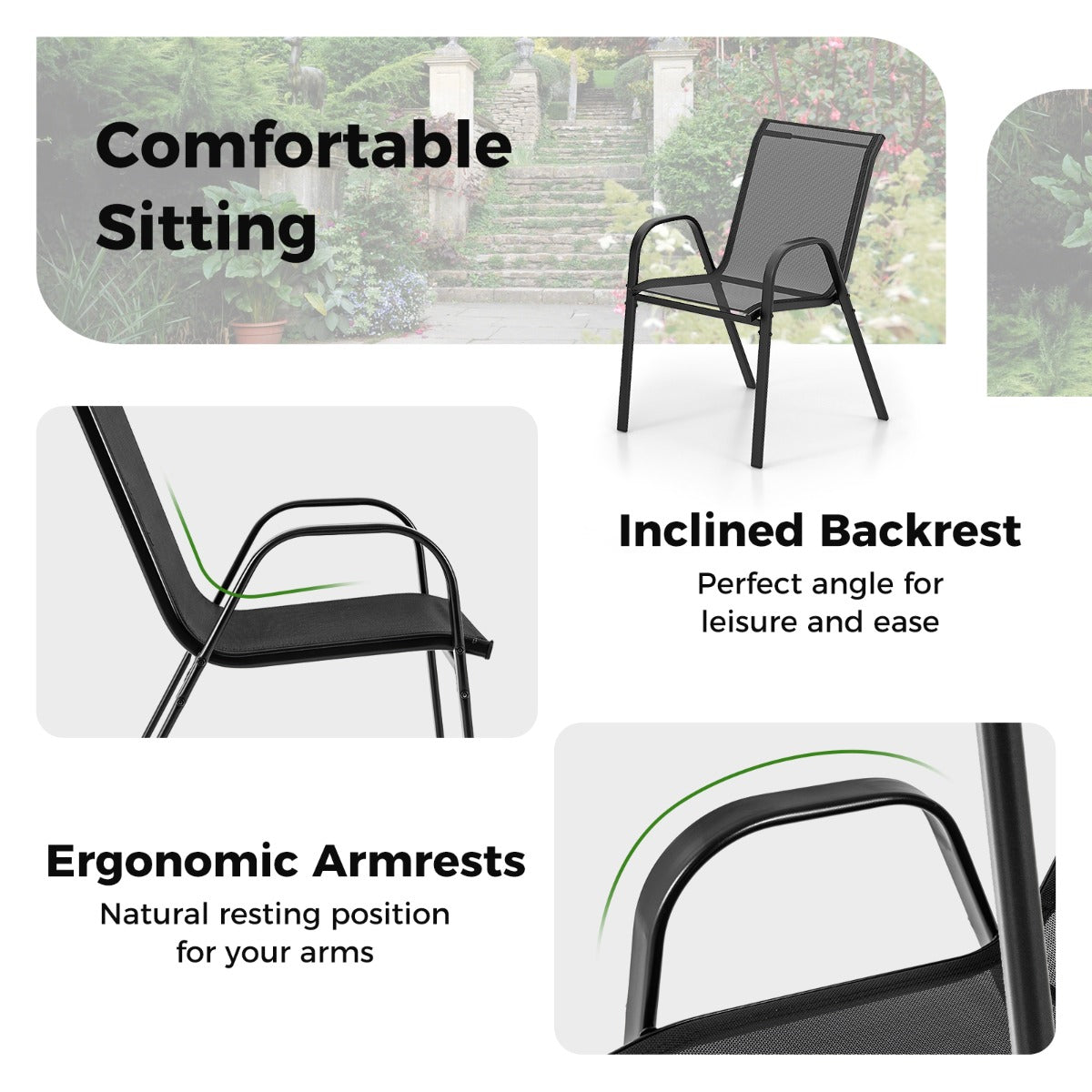 LIVSK Terrasbistroset - Ergonomische Rugleuningen - Gehard Glazen Tafelblad - Stapelbare Stoelen - Tot 150 kg per stoel - Zwart