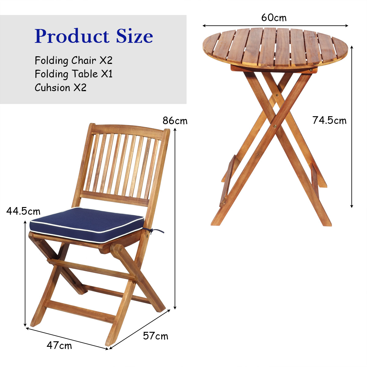 LIVSK 3-delige Patio Bistro Set - Duurzaam Acaciahout - Inklapbare Stoelen met Verwijderbare Kussens - Voor Binnenplaats en