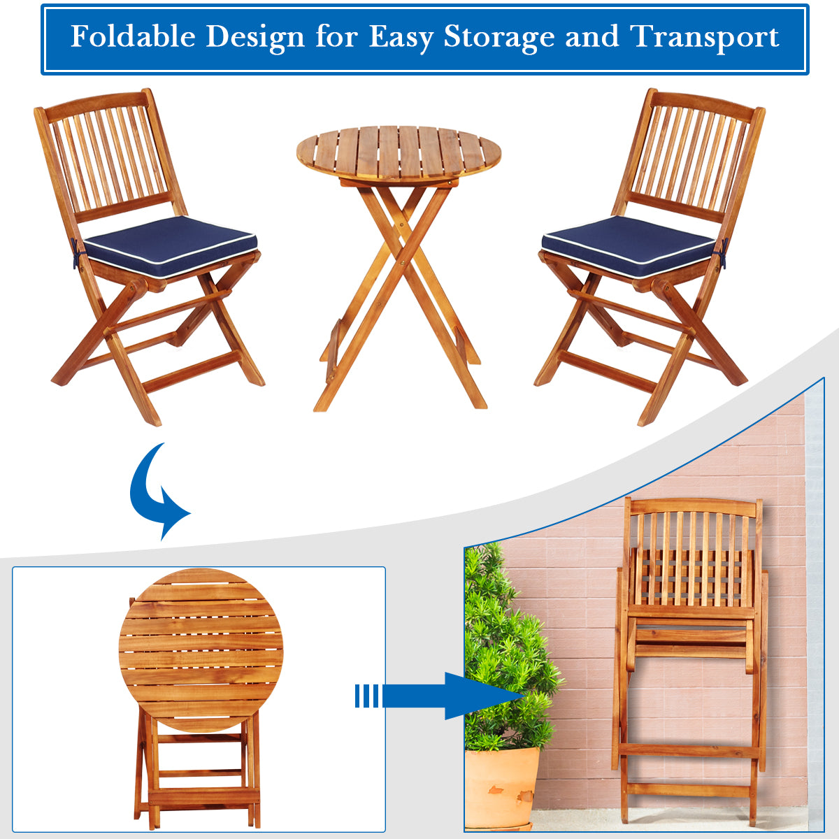 LIVSK 3-delige Patio Bistro Set - Duurzaam Acaciahout - Inklapbare Stoelen met Verwijderbare Kussens - Voor Binnenplaats en