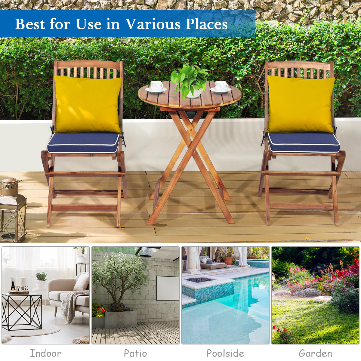 LIVSK 3-delige Patio Bistro Set - Duurzaam Acaciahout - Inklapbare Stoelen met Verwijderbare Kussens - Voor Binnenplaats en