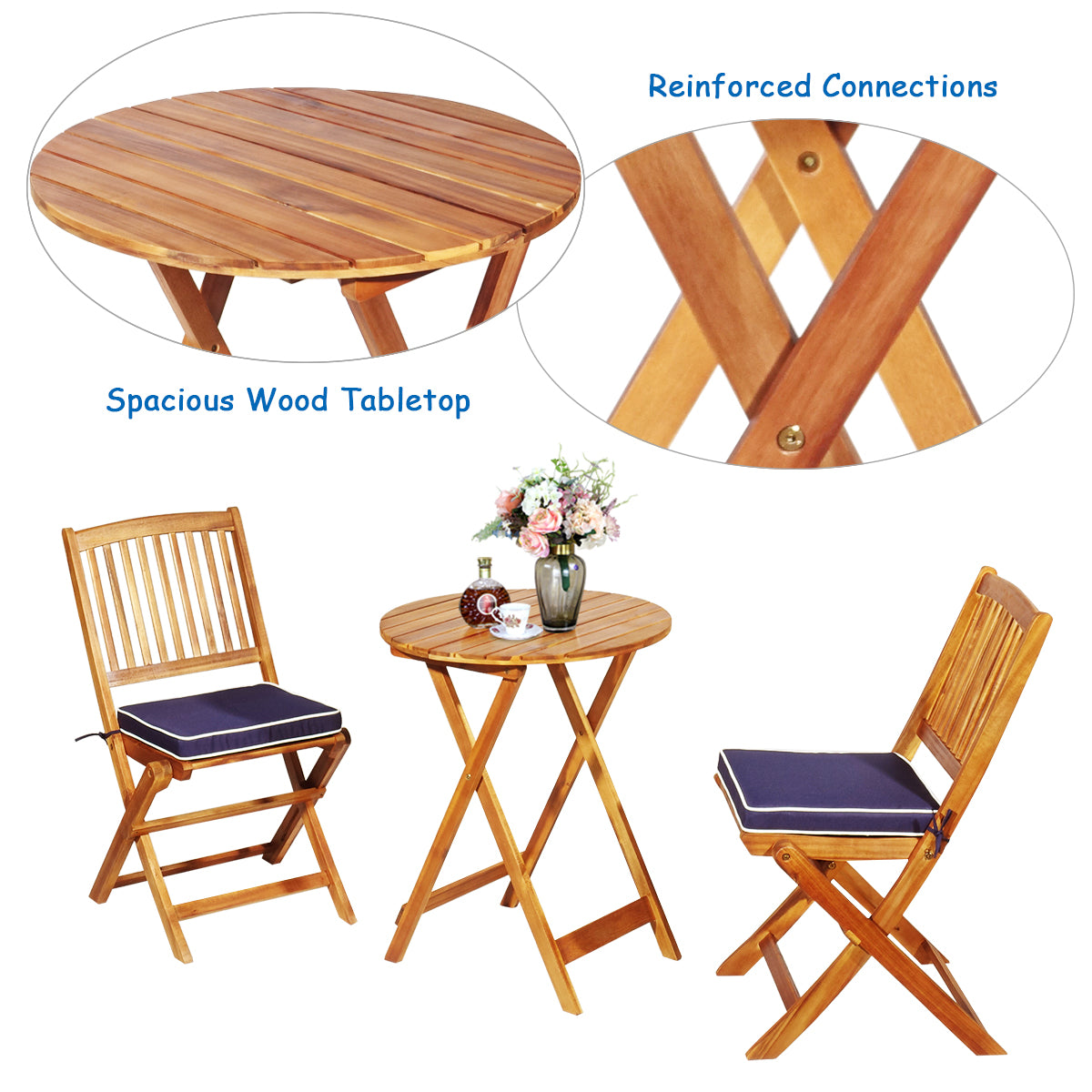 LIVSK 3-delige Patio Bistro Set - Duurzaam Acaciahout - Inklapbare Stoelen met Verwijderbare Kussens - Voor Binnenplaats en