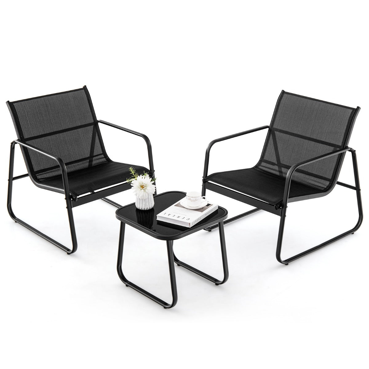 LIVSK 3-delige Metalen Conversatieset - Ergonomische Stoelen - Ademende Stof - Geharde Glastafel - Tot 150 kg - Zwart