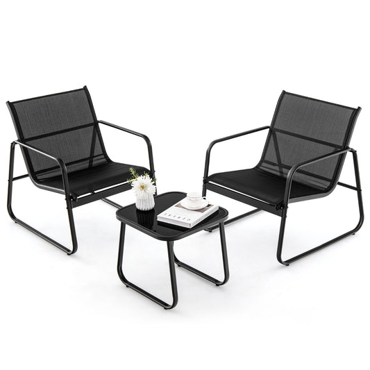LIVSK 3-delige Metalen Conversatieset - Ergonomische Stoelen - Ademende Stof - Geharde Glastafel - Tot 150 kg - Zwart