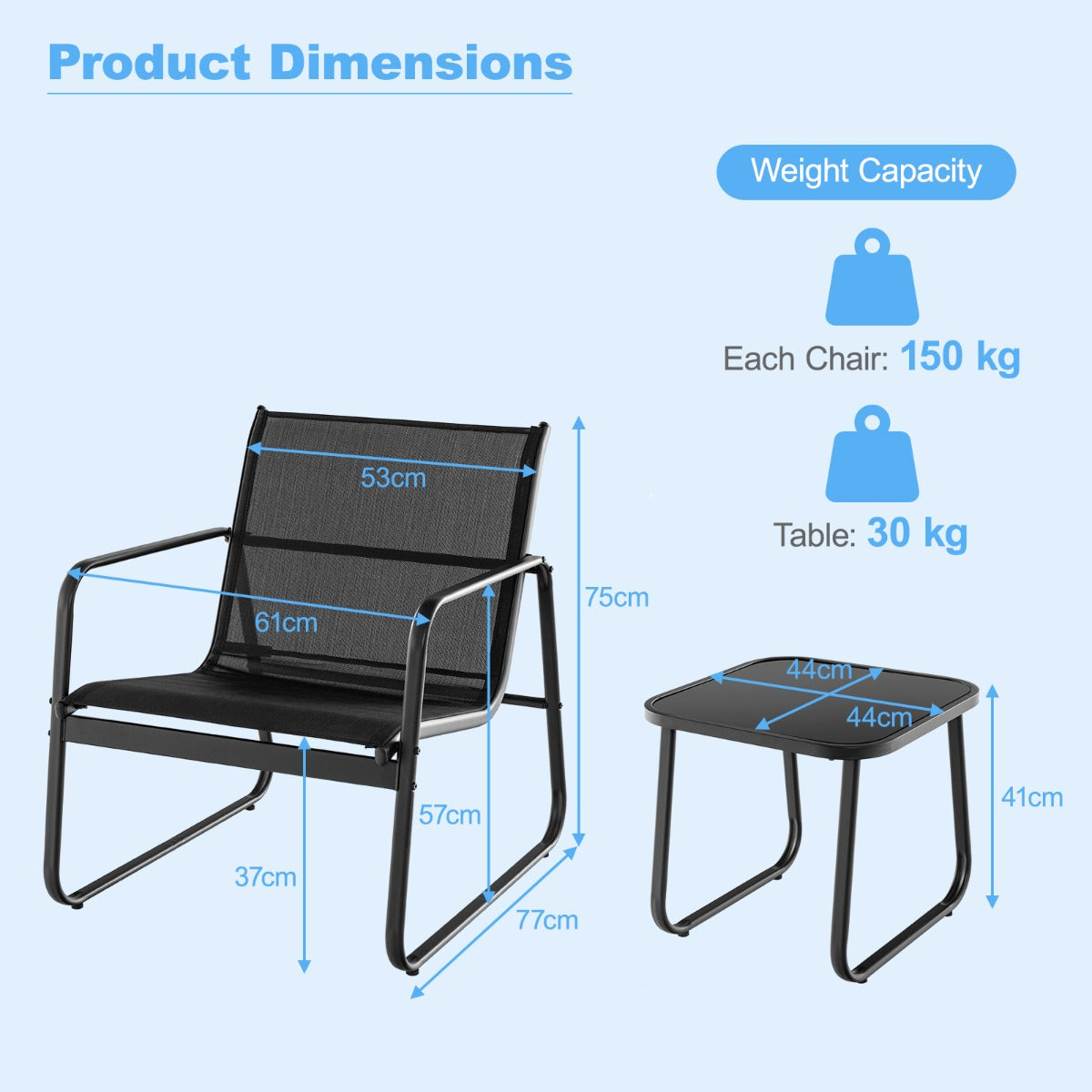LIVSK 3-delige Metalen Conversatieset - Ergonomische Stoelen - Ademende Stof - Geharde Glastafel - Tot 150 kg - Zwart