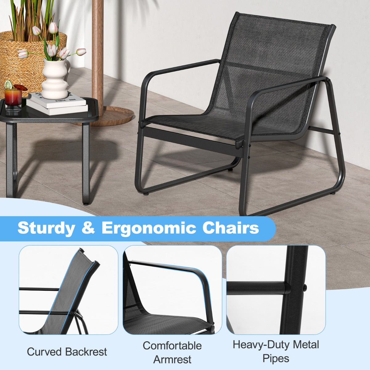 LIVSK 3-delige Metalen Conversatieset - Ergonomische Stoelen - Ademende Stof - Geharde Glastafel - Tot 150 kg - Zwart