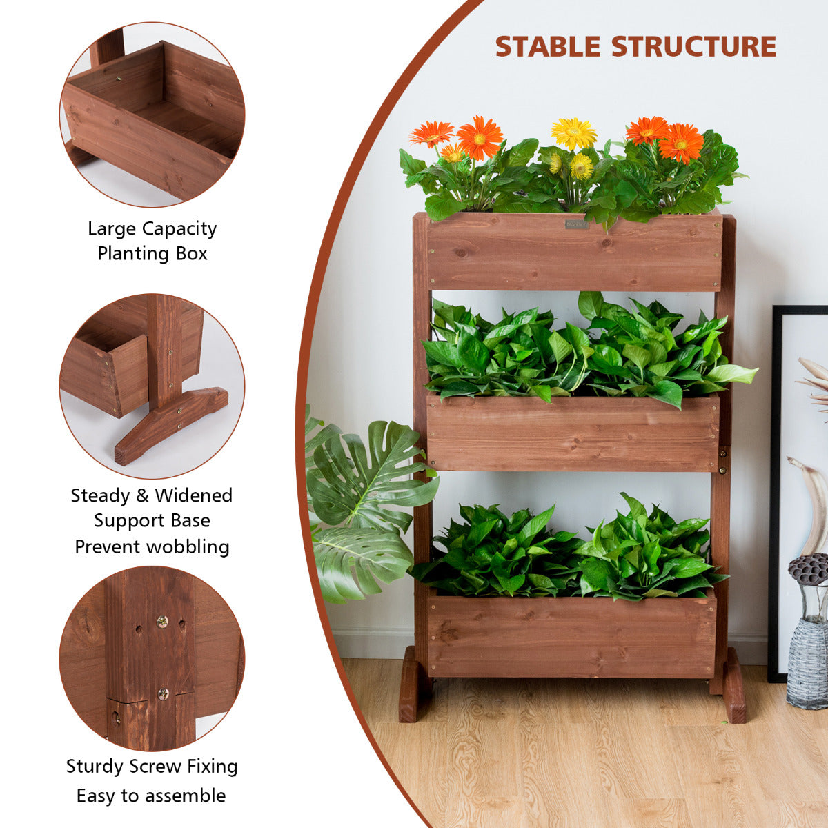 LIVSK Houten Bloemenrek - 3 Laags - Verstelbaar - Stevig Sparrenhout - Tot 30 kg - Voor Diverse Planten - Bruin