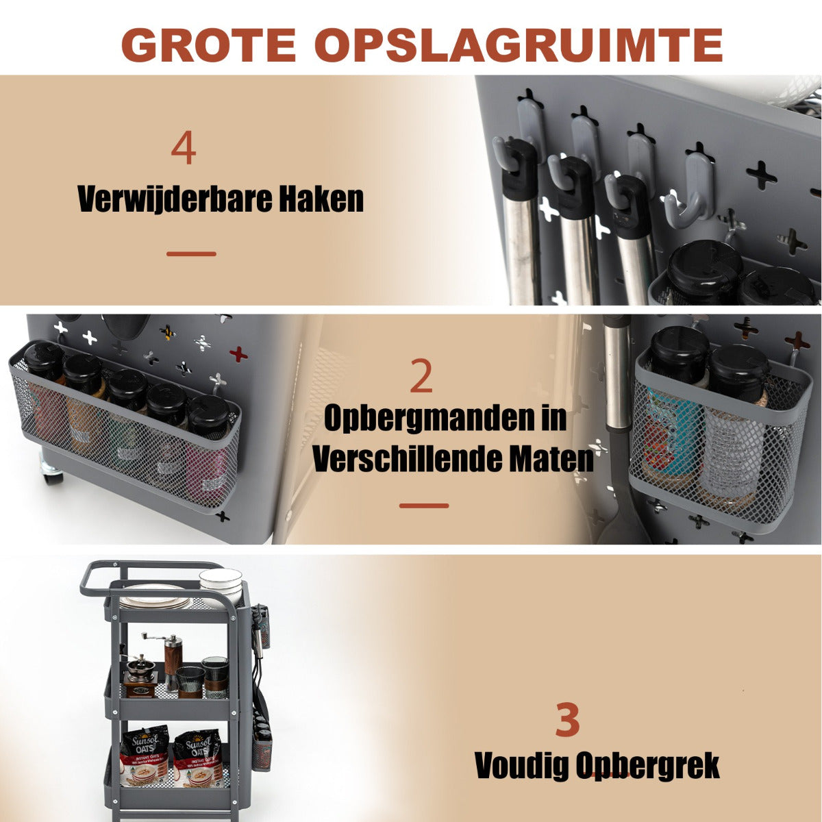 LIVSK Rolwagen met 3 Niveaus - Multifunctioneel met Knijperborden en Manden - Verplaatsbaar met Wielen - Grijs
