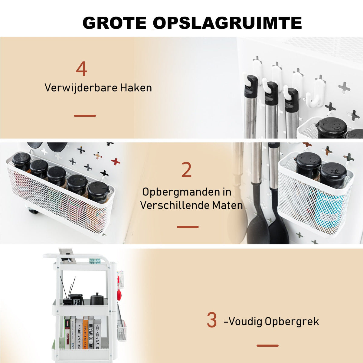 LIVSK Multifunctionele Rolwagen met 3 Niveaus - Ruimtebesparend - Inclusief Knijperborden, Manden & Haken - Wit