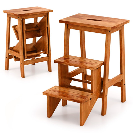 LIVSK 3-traps Opstapladder en Kruk - Antislip Treden - Inklapbaar - Handvat - Draagvermogen 90 kg - Bruin