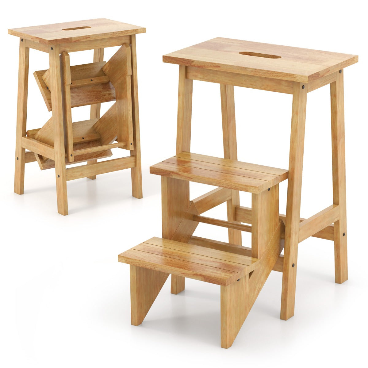 LIVSK 3-in-1 Trapkruk - Antislip Treden - Multifunctioneel als Kruk of Plantenstandaard - Tot 90 kg - Natuurlijk Houtkleurig