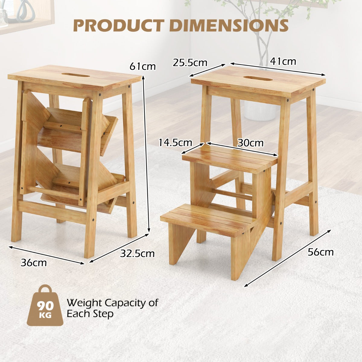 LIVSK 3-in-1 Trapkruk - Antislip Treden - Multifunctioneel als Kruk of Plantenstandaard - Tot 90 kg - Natuurlijk Houtkleurig
