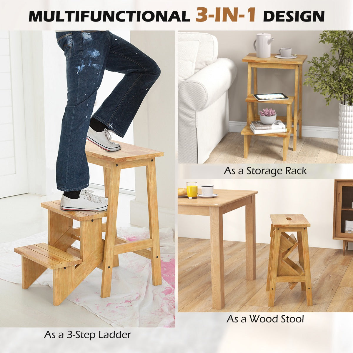 LIVSK 3-in-1 Trapkruk - Antislip Treden - Multifunctioneel als Kruk of Plantenstandaard - Tot 90 kg - Natuurlijk Houtkleurig