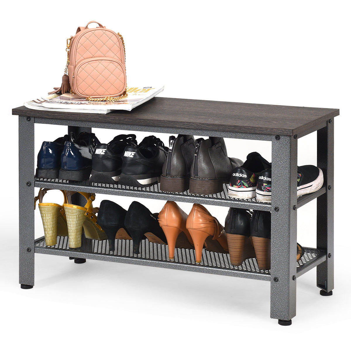 LIVSK Multifunctioneel Schoenenrek - 3-laags - Afneembare Planken - Waterbestendig - Tot 40 kg - 73 x 30 x 45 cm - Grijs