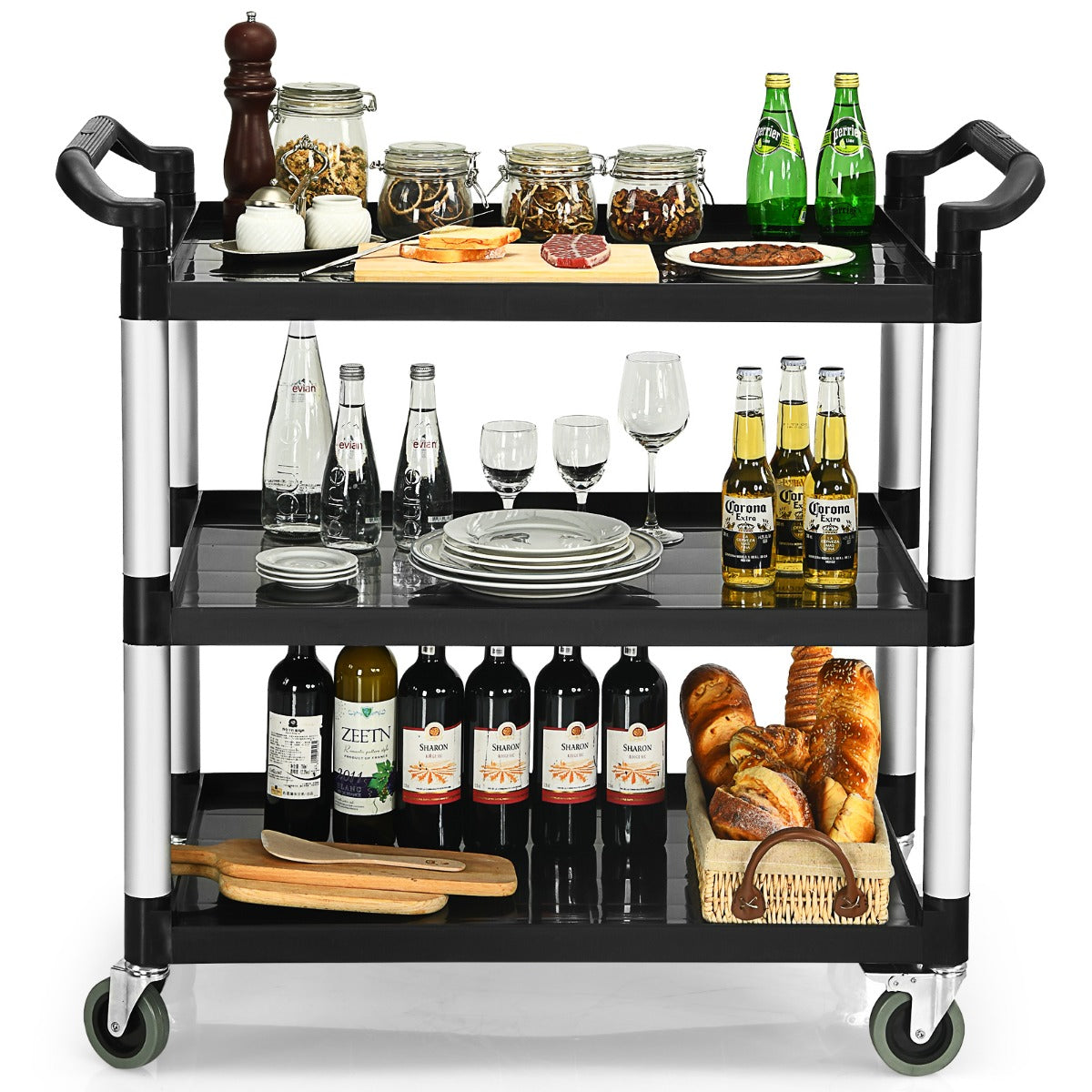 LIVSK Multifunctionele Trolley - 3 Niveaus - 360° Draaibare Wielen - Remsysteem - Tot 150 kg - Zwart