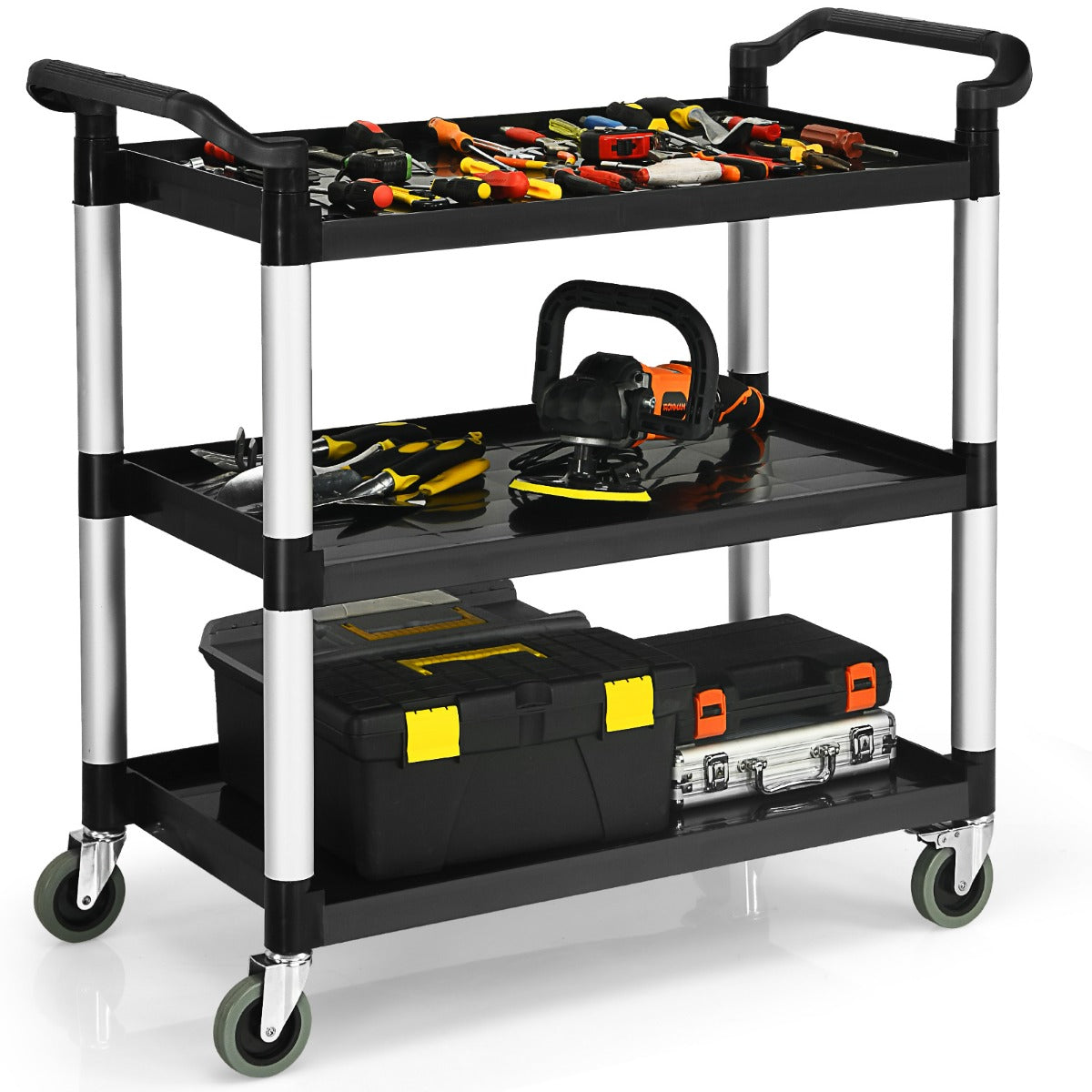 LIVSK Multifunctionele Trolley - 3 Niveaus - 360° Draaibare Wielen - Remsysteem - Tot 150 kg - Zwart