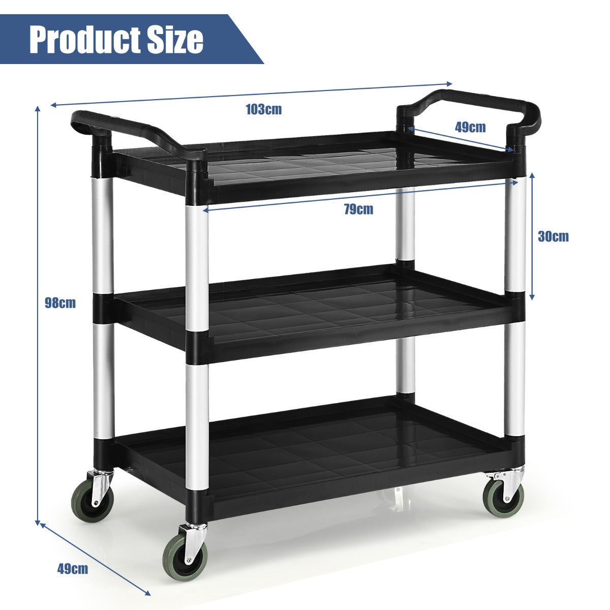 LIVSK Multifunctionele Trolley - 3 Niveaus - 360° Draaibare Wielen - Remsysteem - Tot 150 kg - Zwart