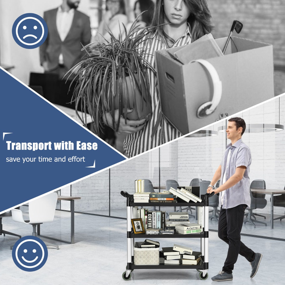 LIVSK Multifunctionele Trolley - 3 Niveaus - 360° Draaibare Wielen - Remsysteem - Tot 150 kg - Zwart