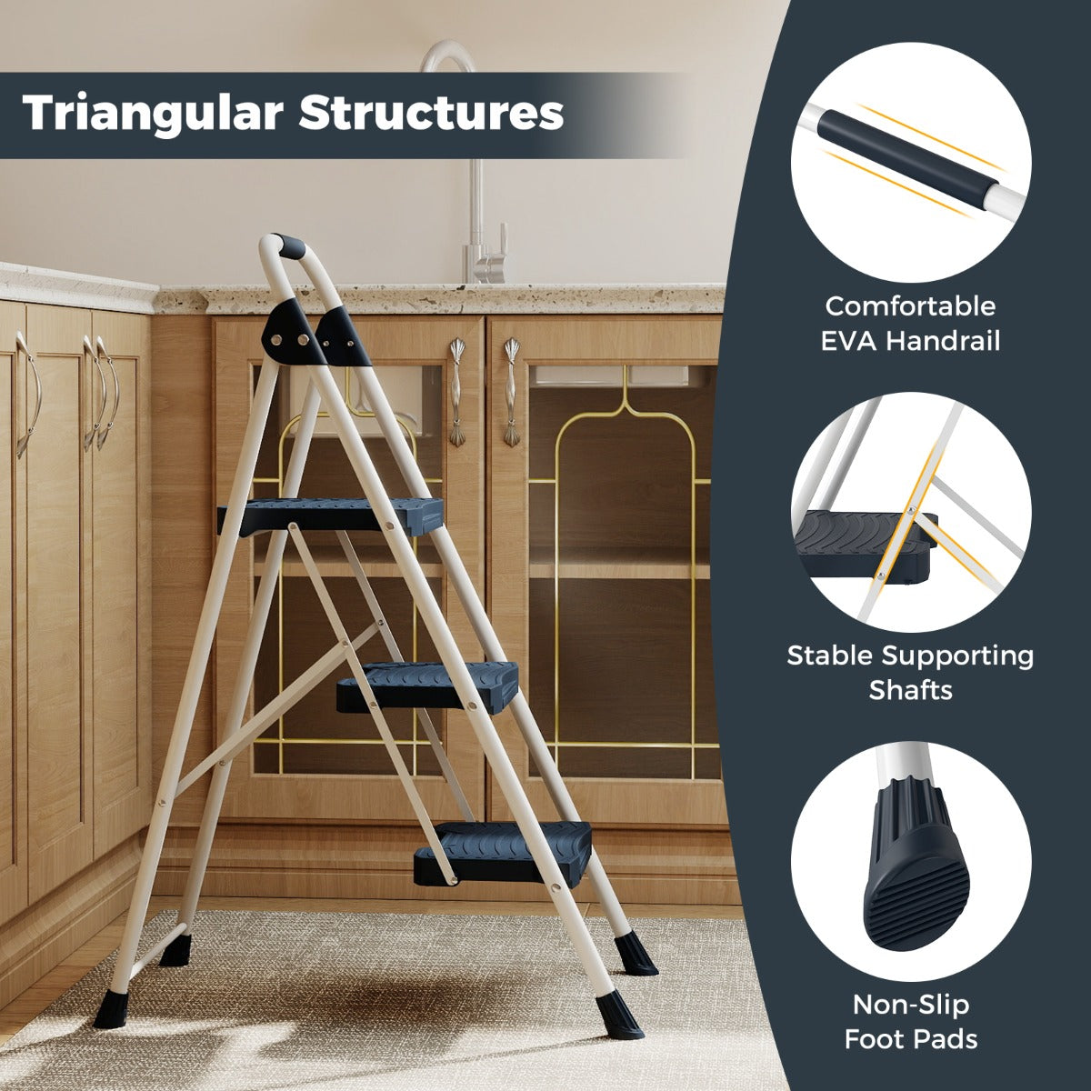 Livsk costway 3 treden ladder opvouwbare trapladder met beklede leuning en brede antisliptreden draagbare ladder blauw 5