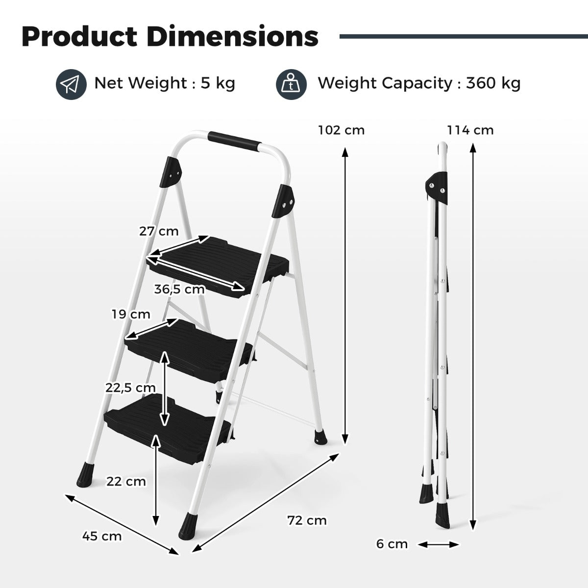 Livsk costway 3 treden ladder opvouwbare trapladder met beklede leuning en brede antisliptreden draagbare ladder zwart 1 1