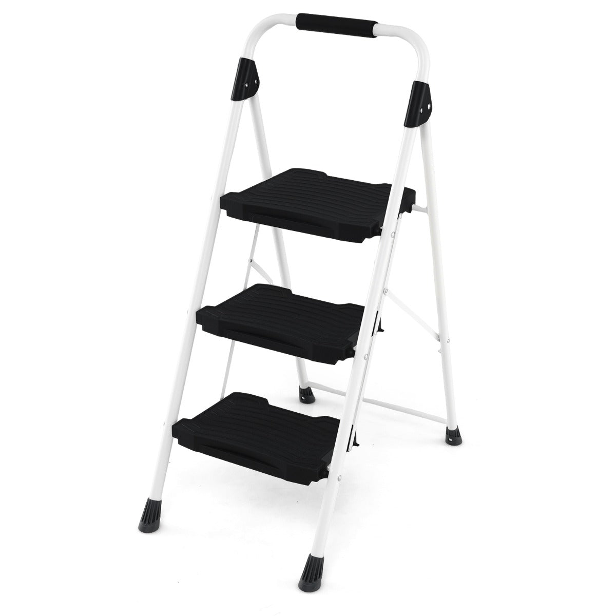 Livsk costway 3 treden ladder opvouwbare trapladder met beklede leuning en brede antisliptreden draagbare ladder zwart