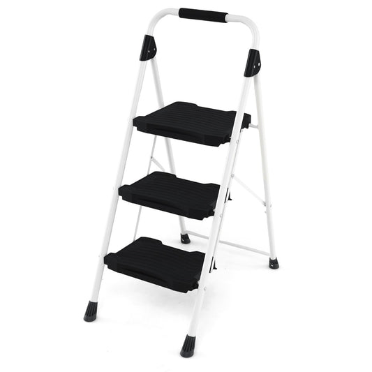 Livsk costway 3 treden ladder opvouwbare trapladder met beklede leuning en brede antisliptreden draagbare ladder zwart