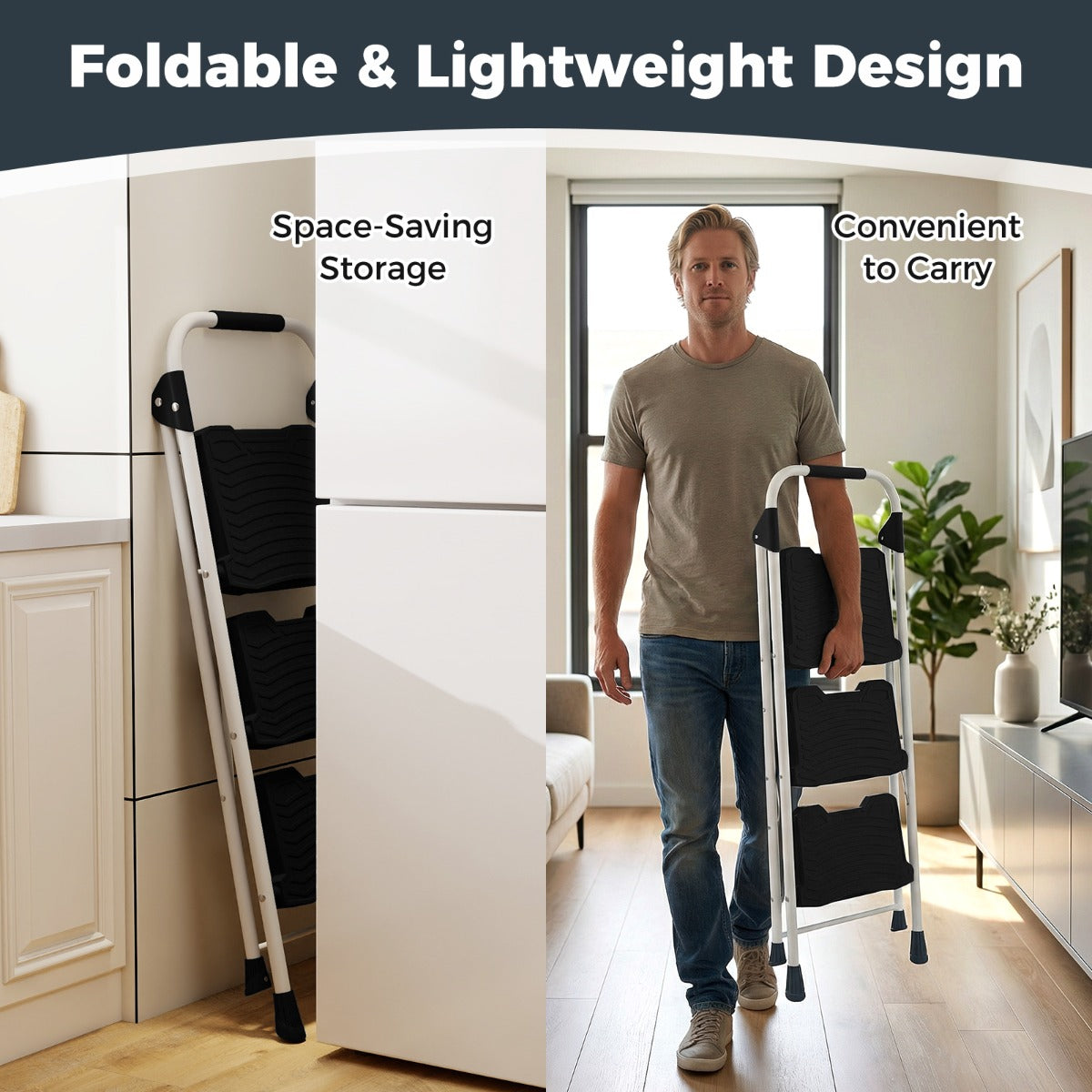 Livsk costway 3 treden ladder opvouwbare trapladder met beklede leuning en brede antisliptreden draagbare ladder zwart 6