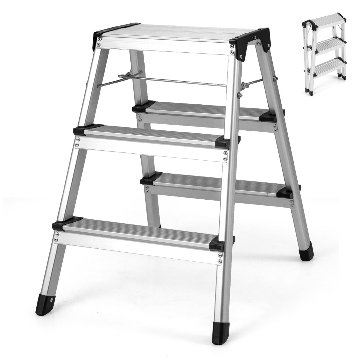 Livsk costway 3 treden opstapje opvouwbaar aluminium opstapje met brede treden en antislipvoetjes lichtgewicht en draagbare ladder maximaal draagvermogen 150 kg