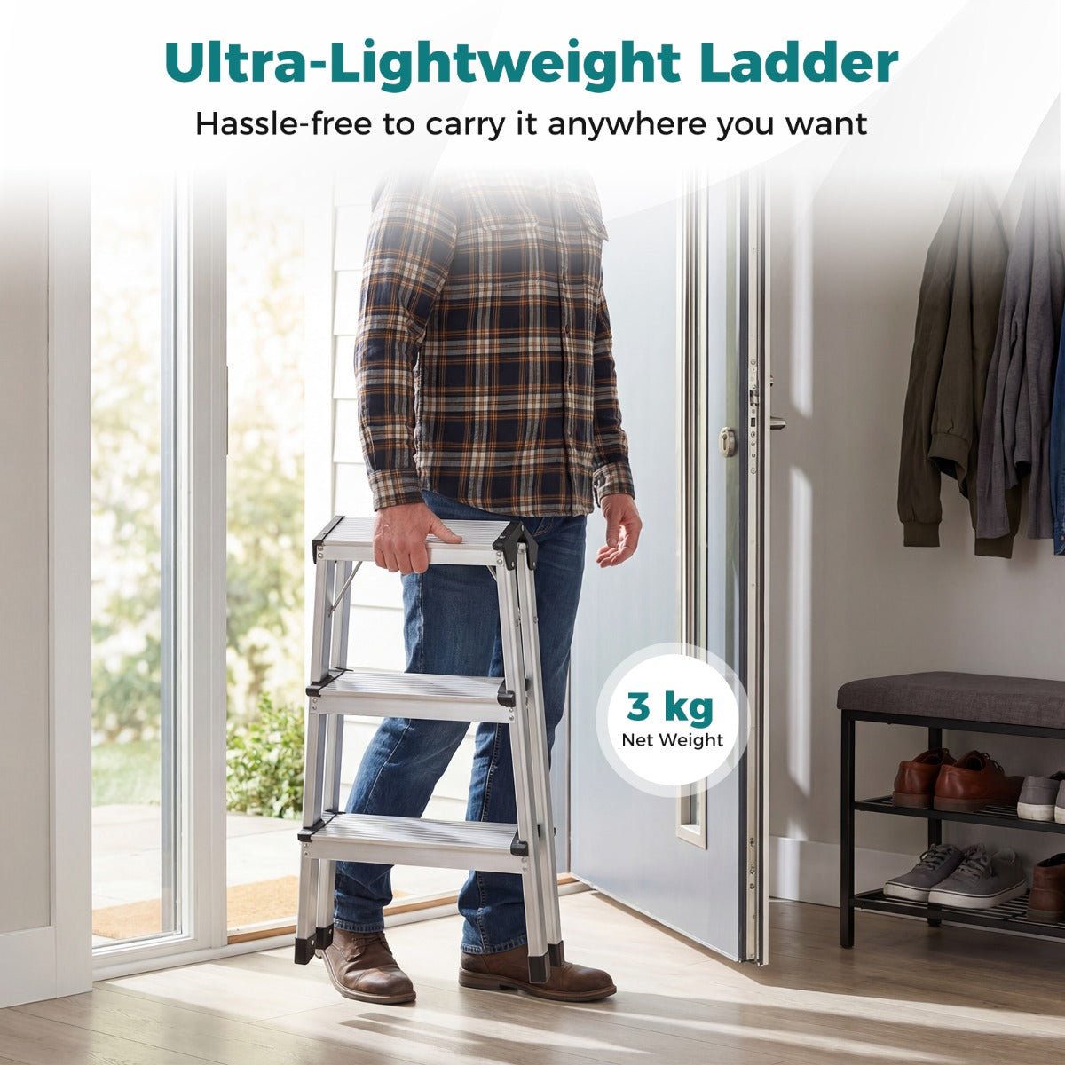 Livsk costway 3 treden opstapje opvouwbaar aluminium opstapje met brede treden en antislipvoetjes lichtgewicht en draagbare ladder maximaal draagvermogen 150 kg