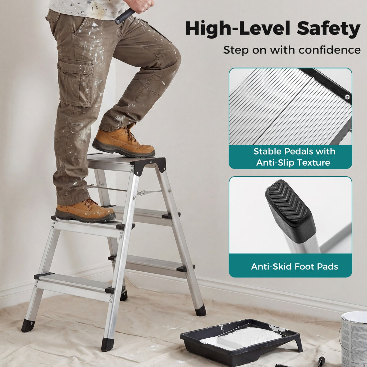 Livsk costway 3 treden opstapje opvouwbaar aluminium opstapje met brede treden en antislipvoetjes lichtgewicht en draagbare ladder maximaal draagvermogen 150 kg