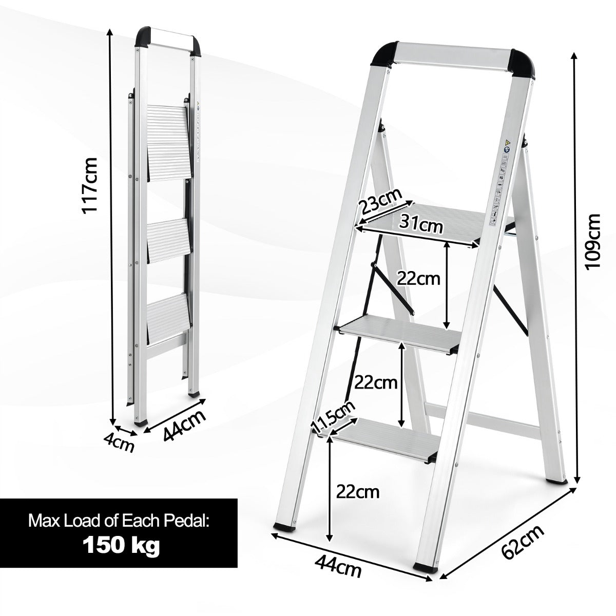LIVSK Opstap met 3 Treden Aluminium - Lichtgewicht en Compact - Antislip - Tot 150 kg - Ideaal voor Klusjes - Zilver