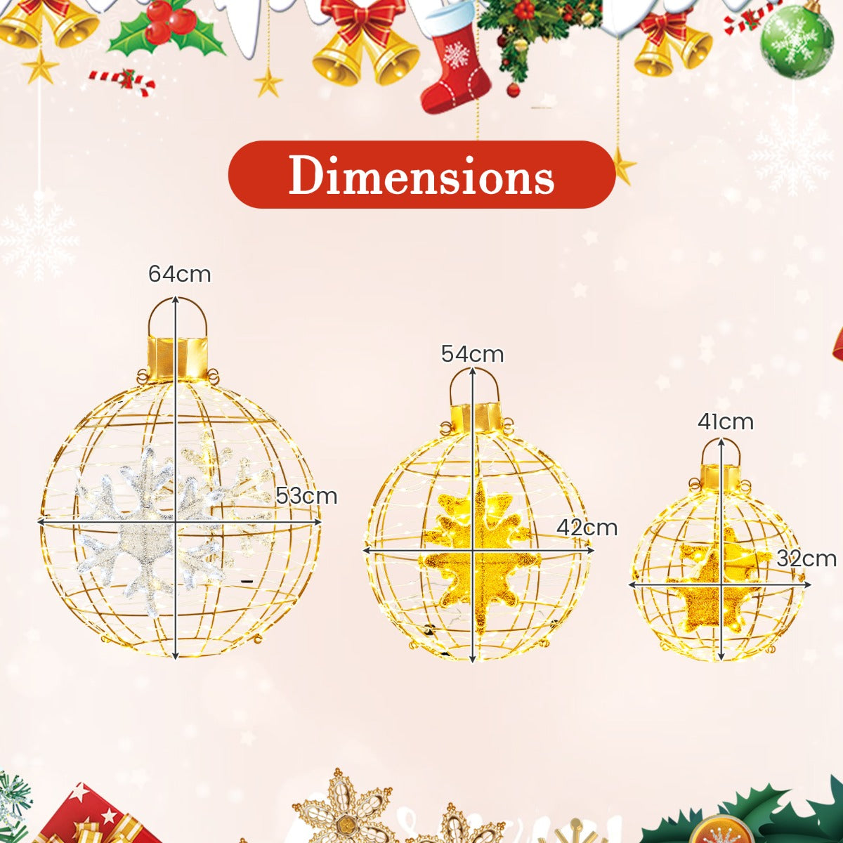 LIVSK Voorverlichte Kerstballen - 732 LED-lampjes - Weerbestendig - Hangend of Staand - Elegante Decoratie - Goud