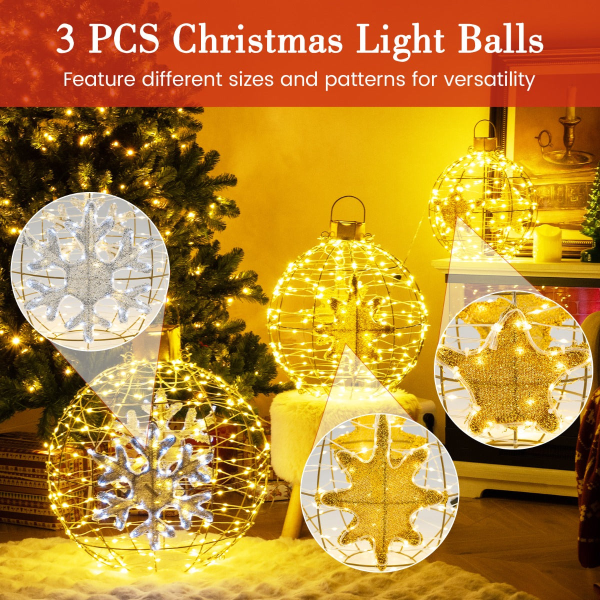 LIVSK Voorverlichte Kerstballen - 732 LED-lampjes - Weerbestendig - Hangend of Staand - Elegante Decoratie - Goud