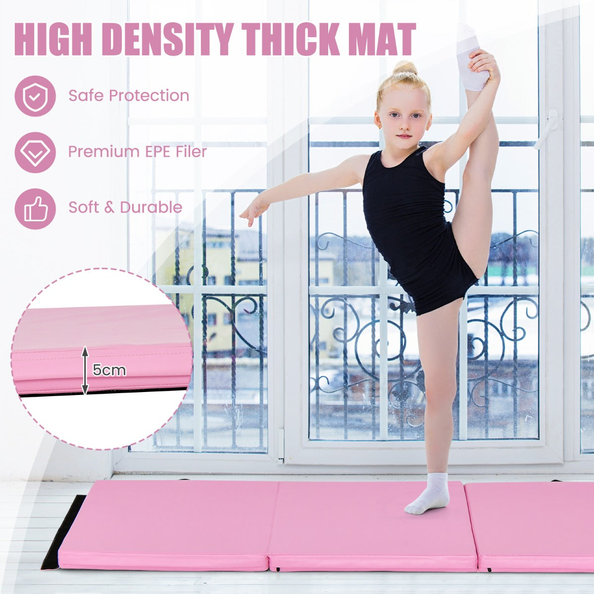 LIVSK Opvouwbare Oefenmat - Ergonomisch Ontwerp - Waterdicht - Handvatten - Ideaal voor Yoga en Pilates - 180 x 60 cm - Roze
