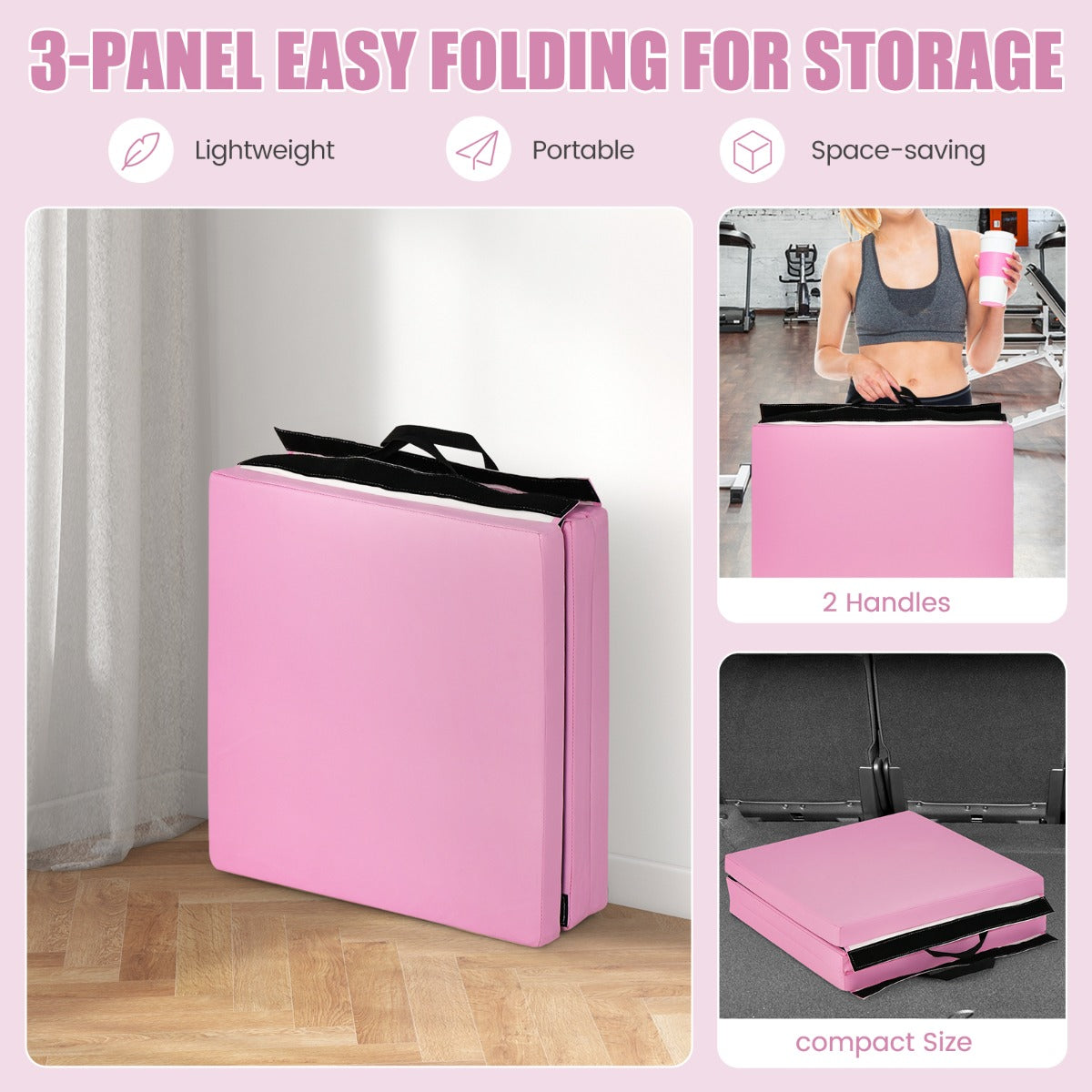 LIVSK Opvouwbare Oefenmat - Ergonomisch Ontwerp - Waterdicht - Handvatten - Ideaal voor Yoga en Pilates - 180 x 60 cm - Roze