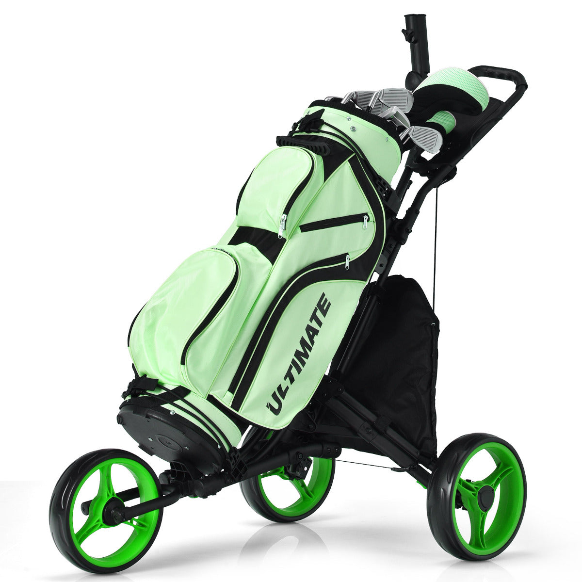 LIVSK Opvouwbare Golftrolley - Aluminium Frame - Verstelbare Handgreep - Kogellager Wielen - Opbergruimte - Zwart + Groen