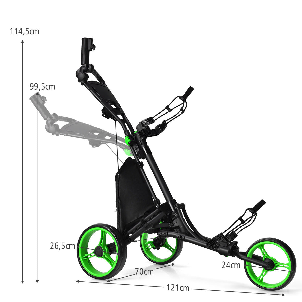 LIVSK Opvouwbare Golftrolley - Aluminium Frame - Verstelbare Handgreep - Kogellager Wielen - Opbergruimte - Zwart + Groen