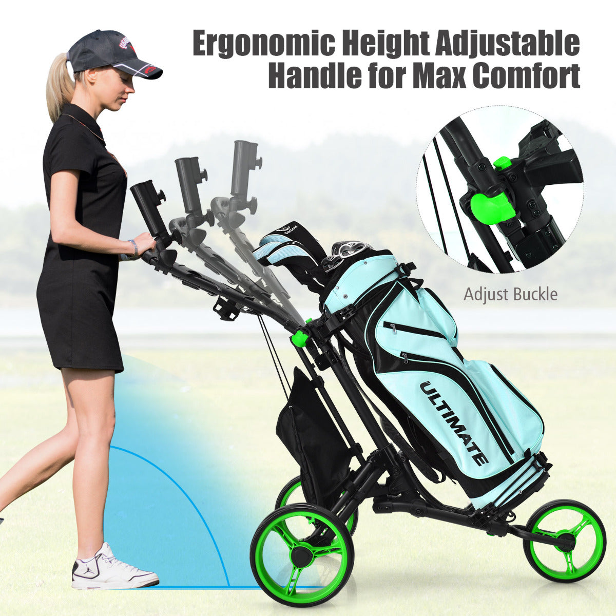 LIVSK Opvouwbare Golftrolley - Aluminium Frame - Verstelbare Handgreep - Kogellager Wielen - Opbergruimte - Zwart + Groen
