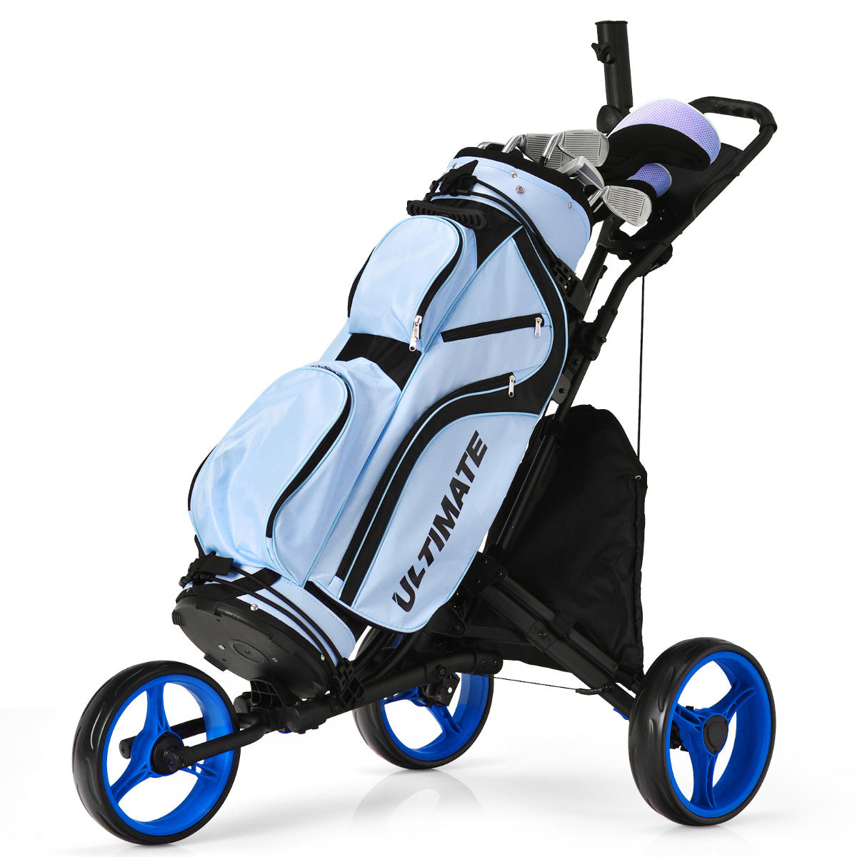 LIVSK Golf Duwkar - Aluminium Frame - Verstelbare Handgreep - Kogellager Wielen - Opbergruimte - Tot 14 kg - Zwart + Blauw
