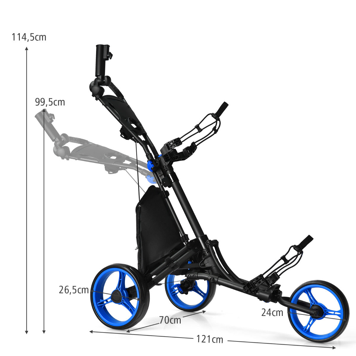 LIVSK Golf Duwkar - Aluminium Frame - Verstelbare Handgreep - Kogellager Wielen - Opbergruimte - Tot 14 kg - Zwart + Blauw