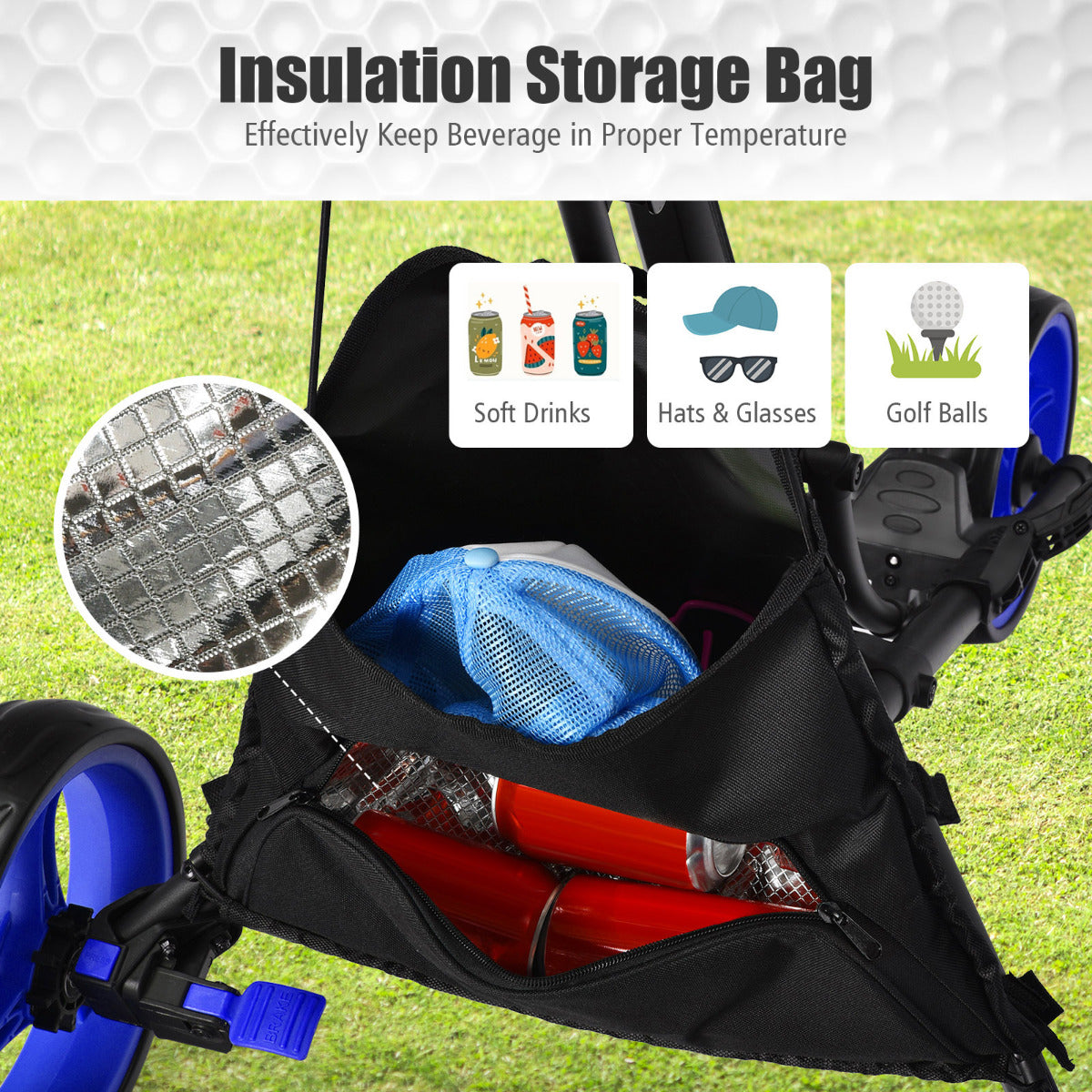 LIVSK Golf Duwkar - Aluminium Frame - Verstelbare Handgreep - Kogellager Wielen - Opbergruimte - Tot 14 kg - Zwart + Blauw