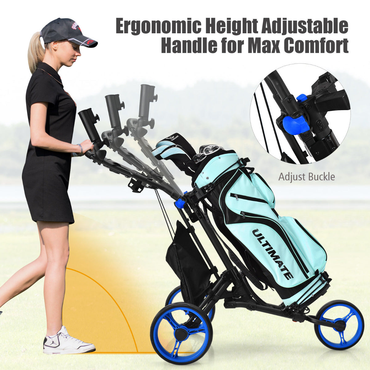 LIVSK Golf Duwkar - Aluminium Frame - Verstelbare Handgreep - Kogellager Wielen - Opbergruimte - Tot 14 kg - Zwart + Blauw
