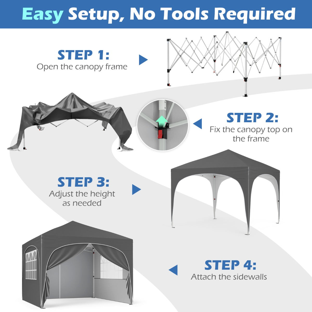 LIVSK Opvouwbare Partytent met 4 Afneembare Zijwanden - Pop-up Structuur - Verstelbare Hoogte tot 286 cm - Inclusief Haringen en
