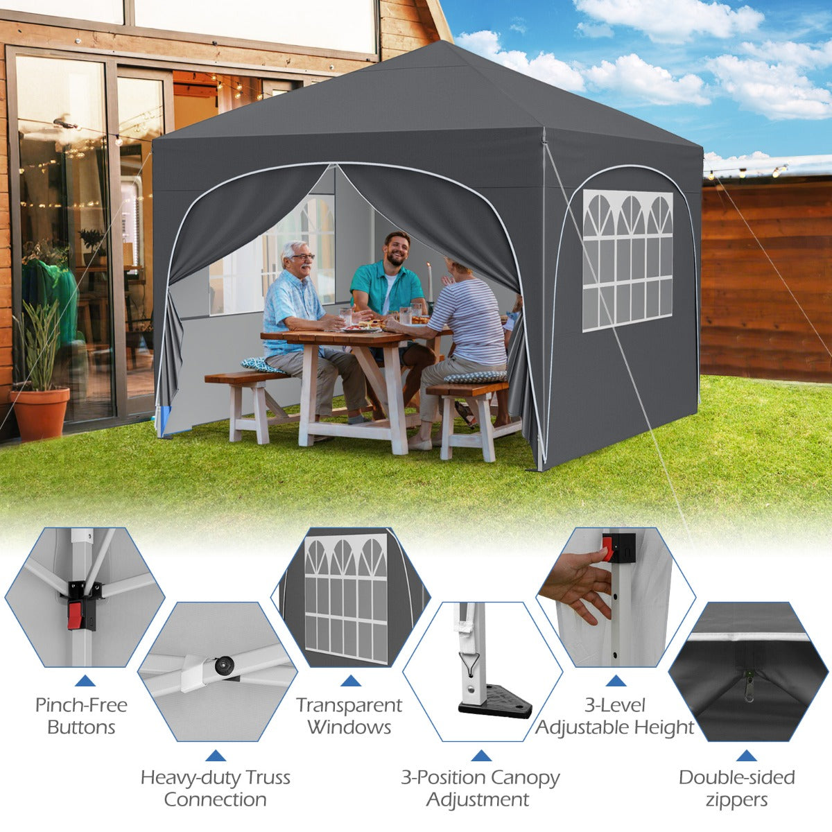LIVSK Opvouwbare Partytent met 4 Afneembare Zijwanden - Pop-up Structuur - Verstelbare Hoogte tot 286 cm - Inclusief Haringen en